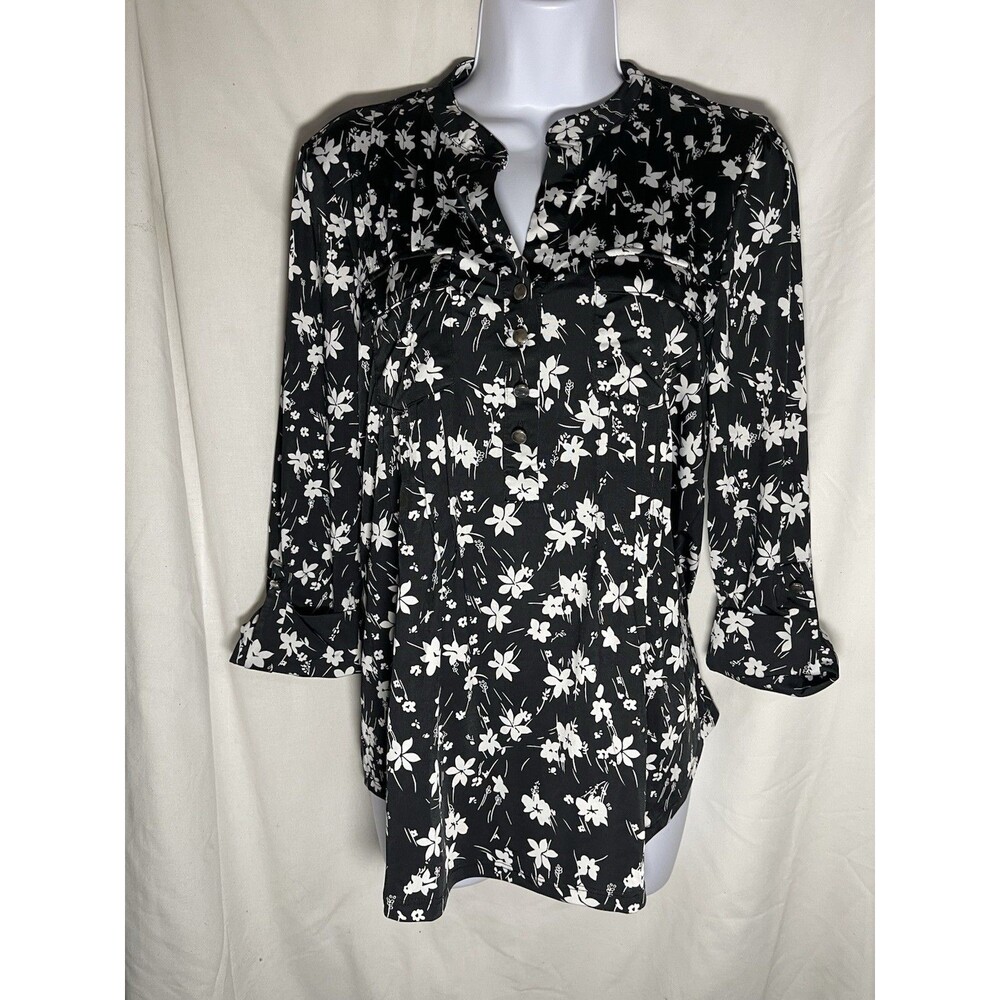 Cocomo Women's Small Black White Floral Henley Blouse 3/4 Roll Tab Sleeve Top